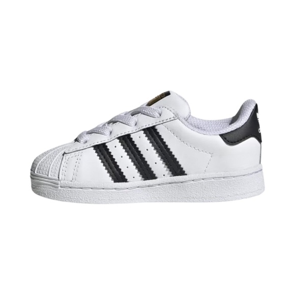 ADIDAS Baby Toddler 4K Superstar 3 Stripe Leather Sneakers White With Navy Blue - Picture 1 of 15